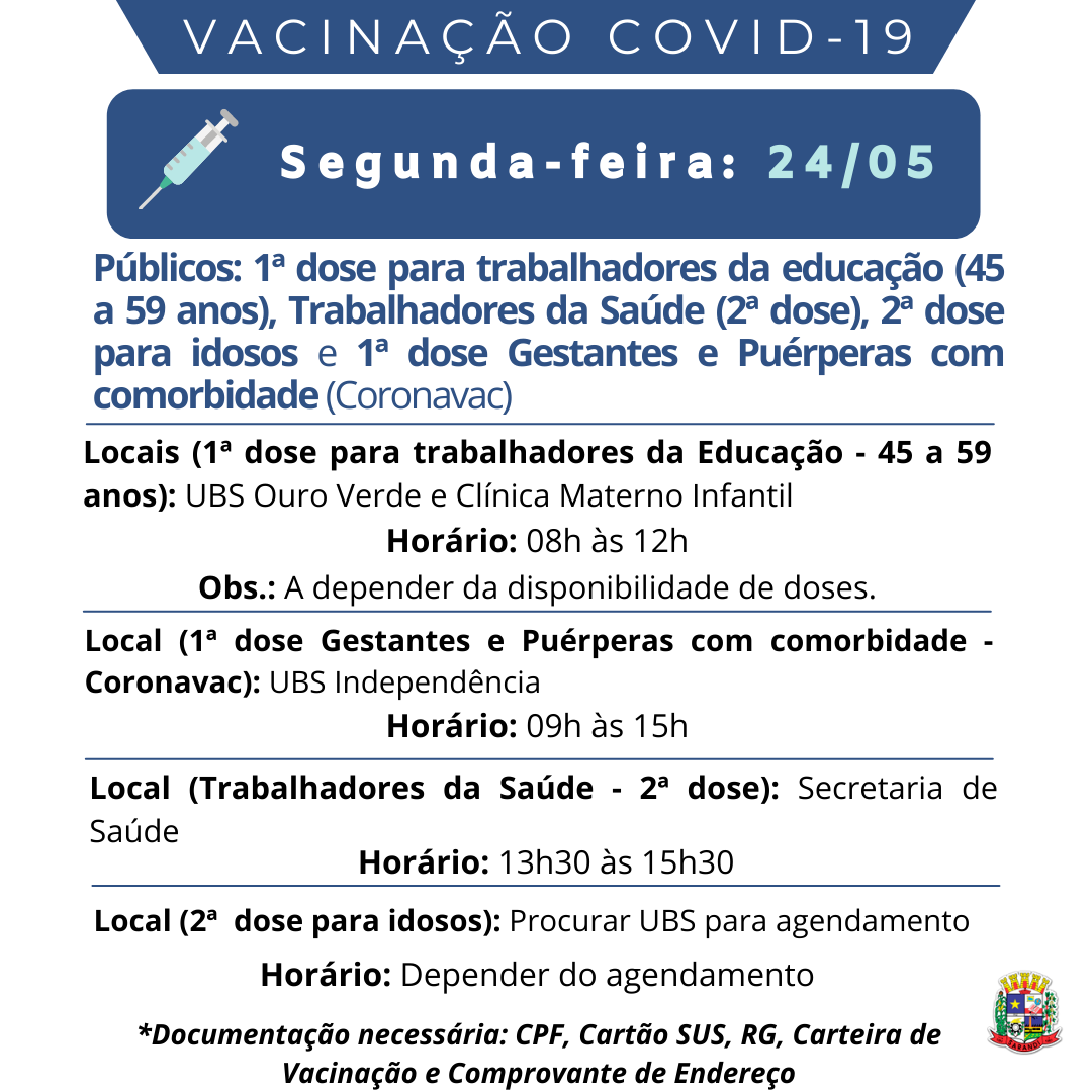 Cronograma de Vacinação contra Covid-19 - Segunda-feira - 24/05/2021